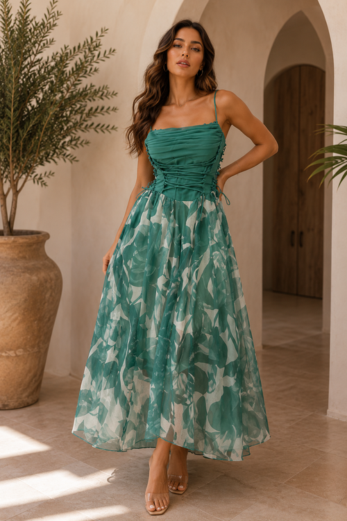 Emerald Garden Lace-Up Midi Dress