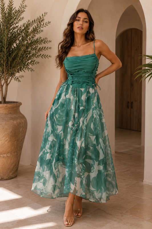 Emerald Garden Lace-Up Midi Dress