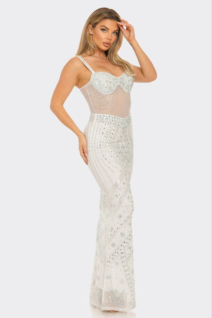 Crystal Cascade Rhinestone Gown- White