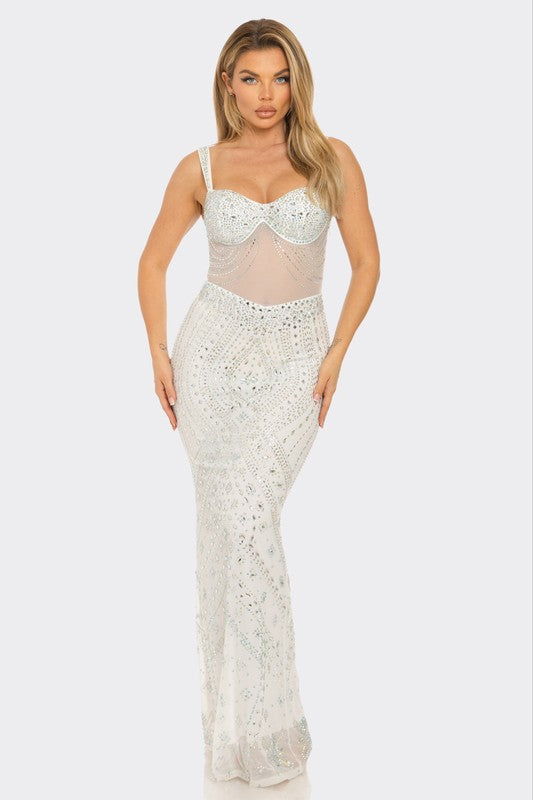Crystal Cascade Rhinestone Gown- White