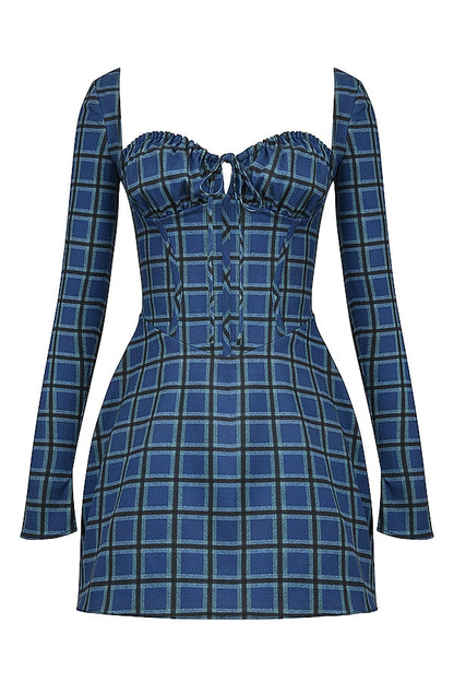 blue tartan corset mini dress