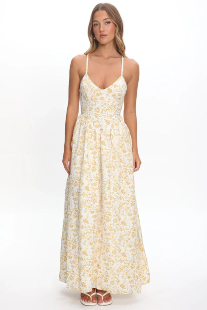 Enchanted Leaf Floral Print A-Line Maxi Dress Yellow