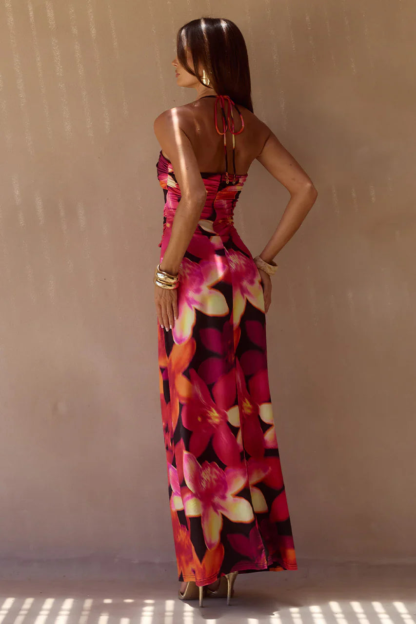 NINA RUCHED HALTER MAXI DRESS - SKYE BLACK