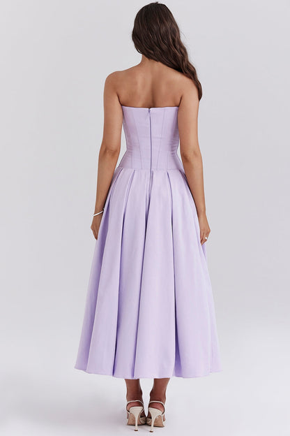 orchid twill strapless tulle midi dress