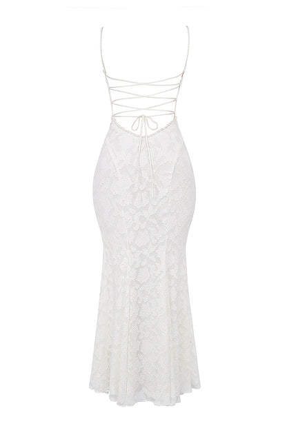 ivory lace up back maxi dress