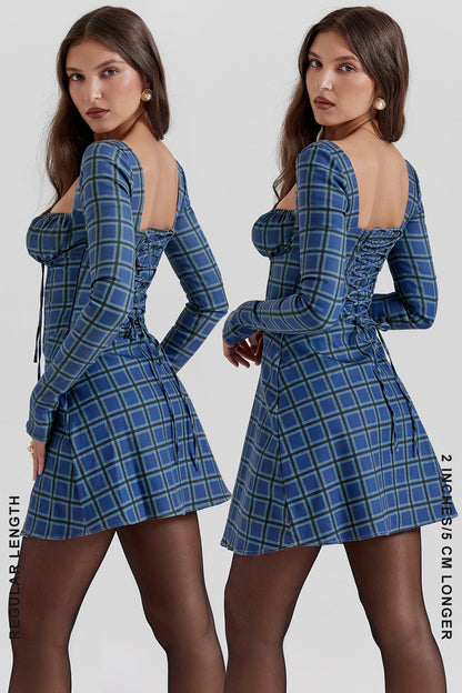 blue tartan corset mini dress