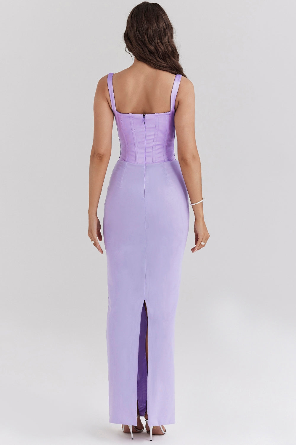 orchid satin corset maxi dress
