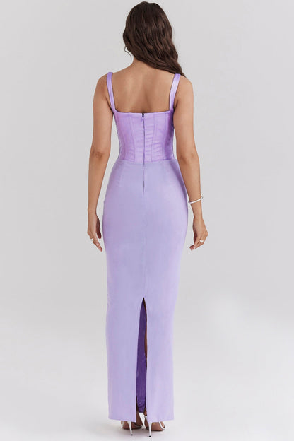 orchid satin corset maxi dress
