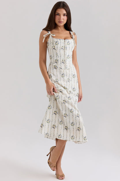 cream daisy print stretch cotton midi dress
