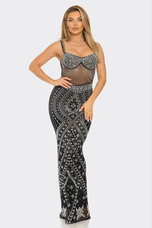 Crystal Cascade Rhinestone Gown- Black