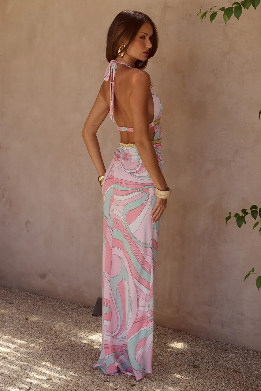 XYLIA HALTER LOW PLUNGE MAXI DRESS - CAMINO PINK
