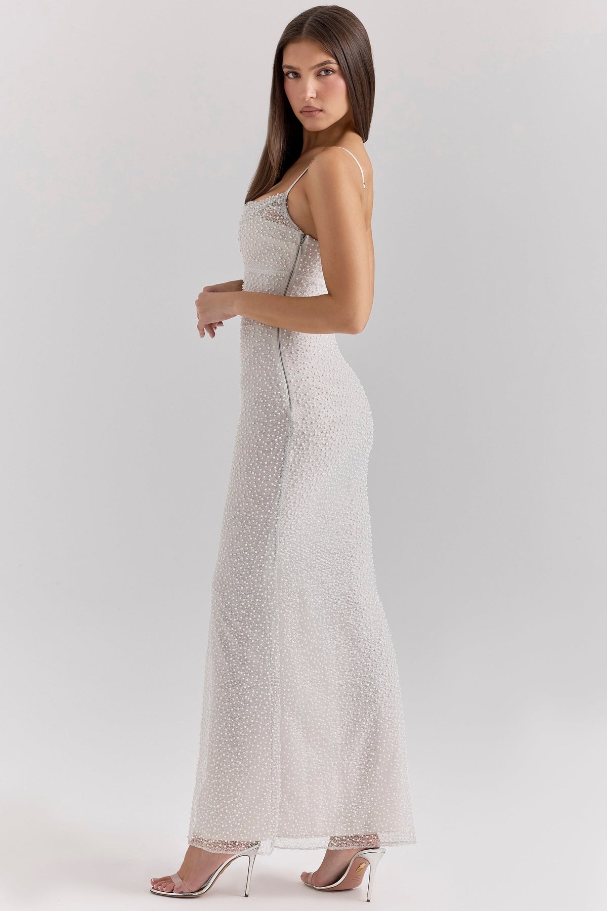 silver pearl embellished maxi dress