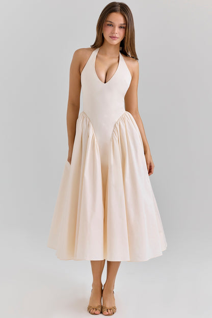 ecru stretch cotton midi sundress