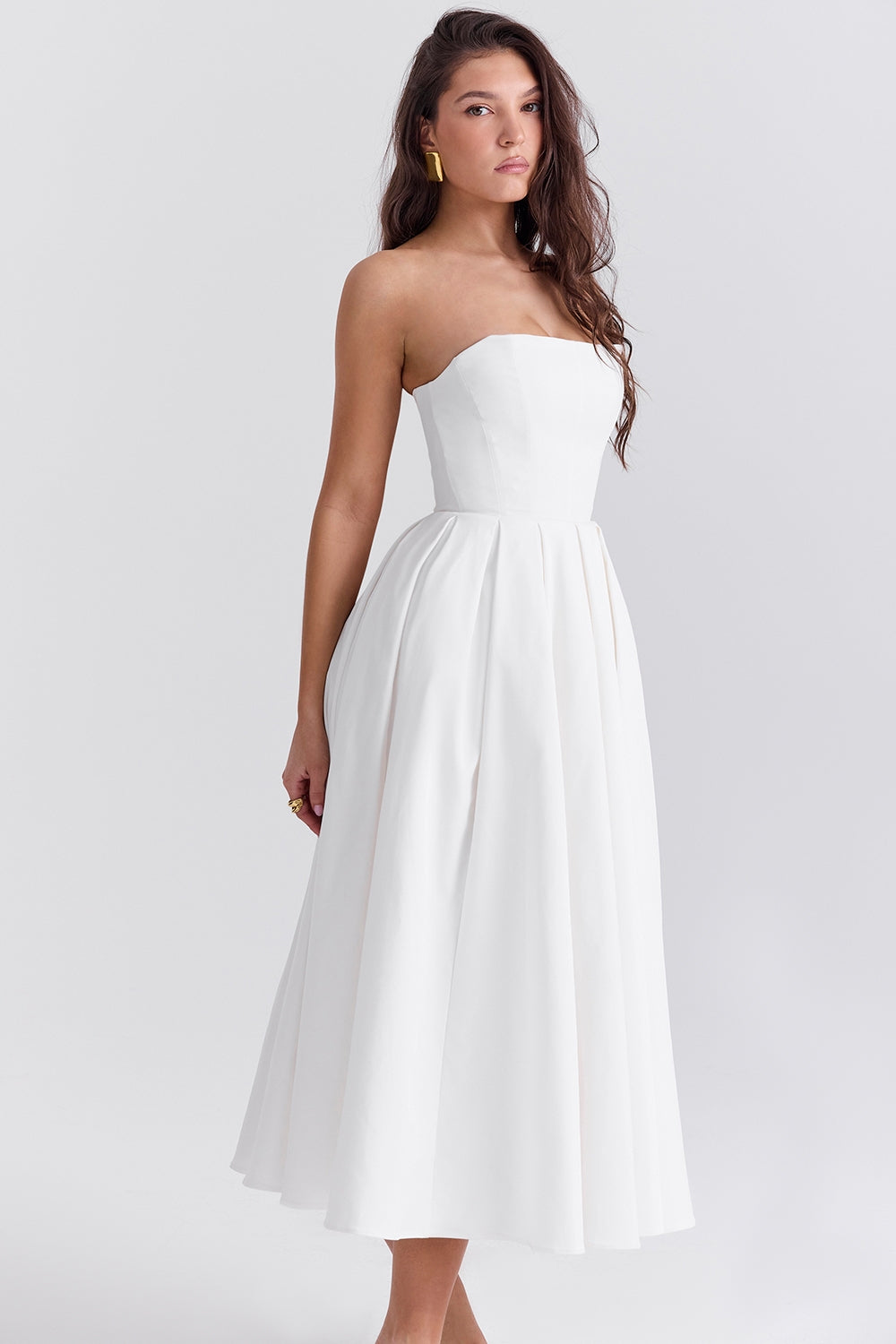 white strapless midi sundress