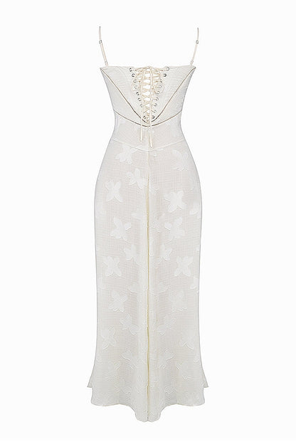 vintage cream floral lace back maxi dress