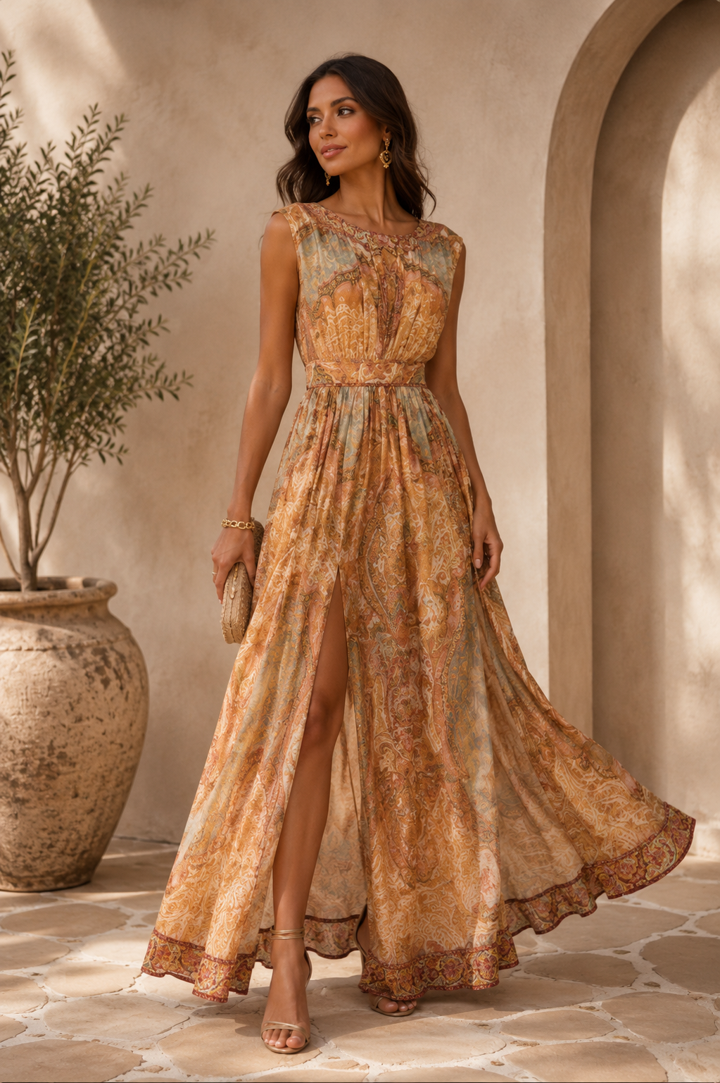 Golden Mirage Paisley Maxi Dress - Beige Multi