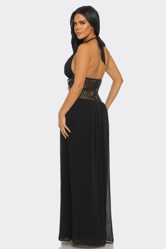 Goddess Allure Rhinestone Halter Gown- Black