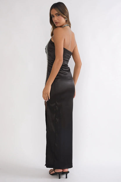 Glitterati Halter Diamante Maxi Dress Black