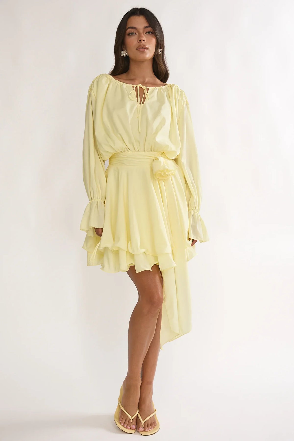 Maeva Long Balloon Sleeve Rosette Mini Dress Lemon