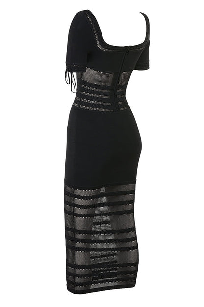 black openwork knit midi dress