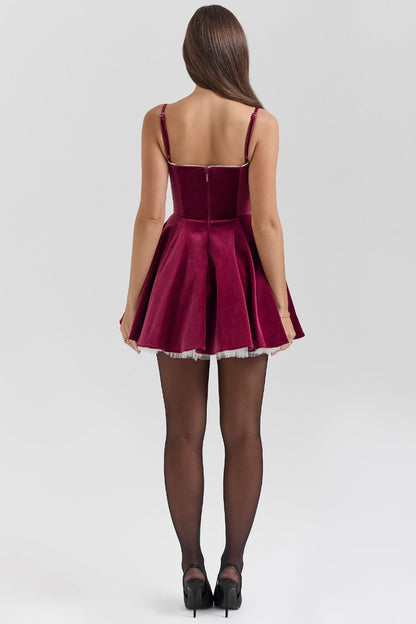 burgundy velvet tulle mini dress