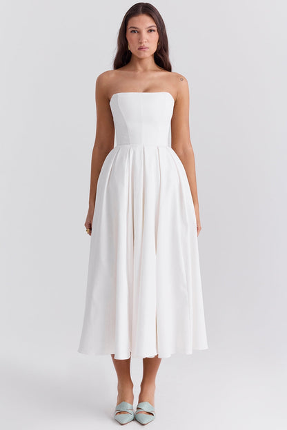 white strapless midi sundress