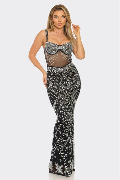 Crystal Cascade Rhinestone Gown- Black