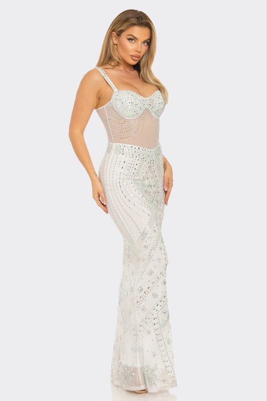 Crystal Cascade Rhinestone Gown- White