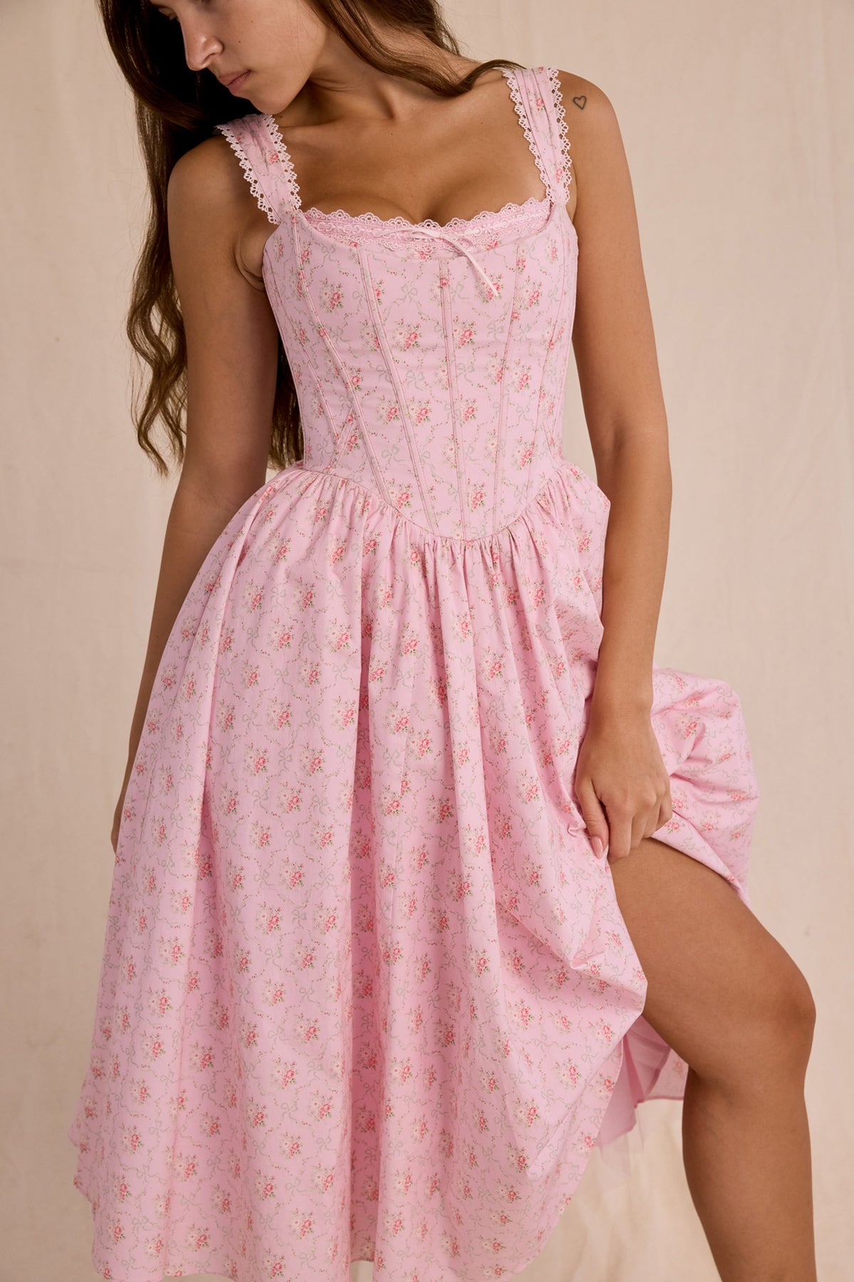 pink rose print stretch cotton corset midi dress