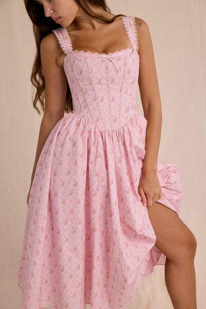 pink rose print stretch cotton corset midi dress
