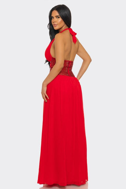 Goddess Allure Rhinestone Halter Gown- Red