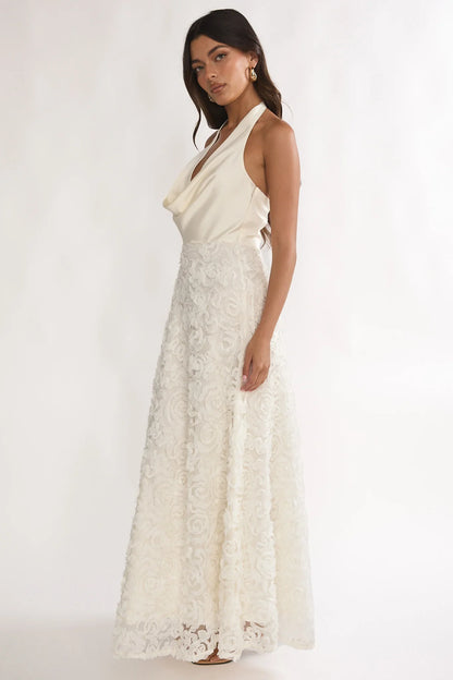 Lucerne Cowl Halter Maxi Dress Embellished Ivory