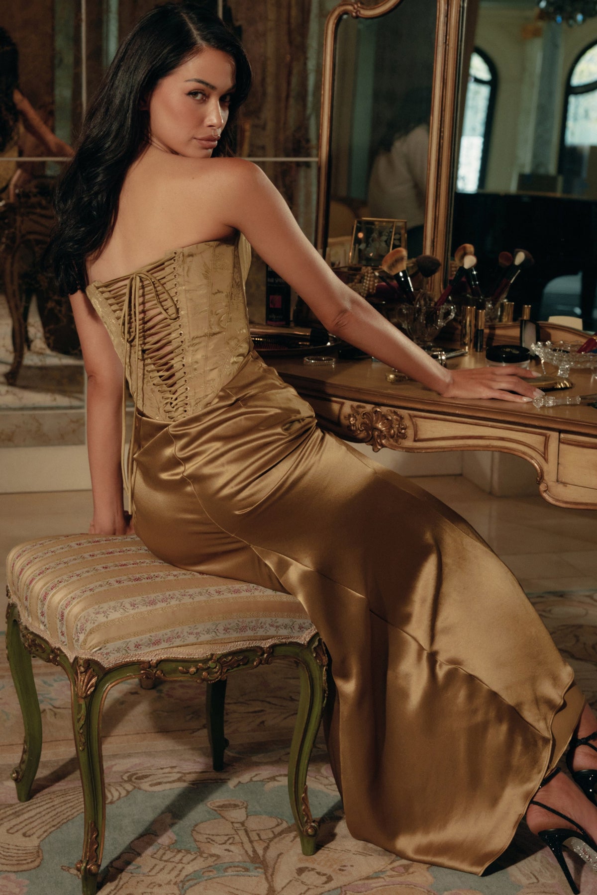 bronze brocade satin corset maxi dress