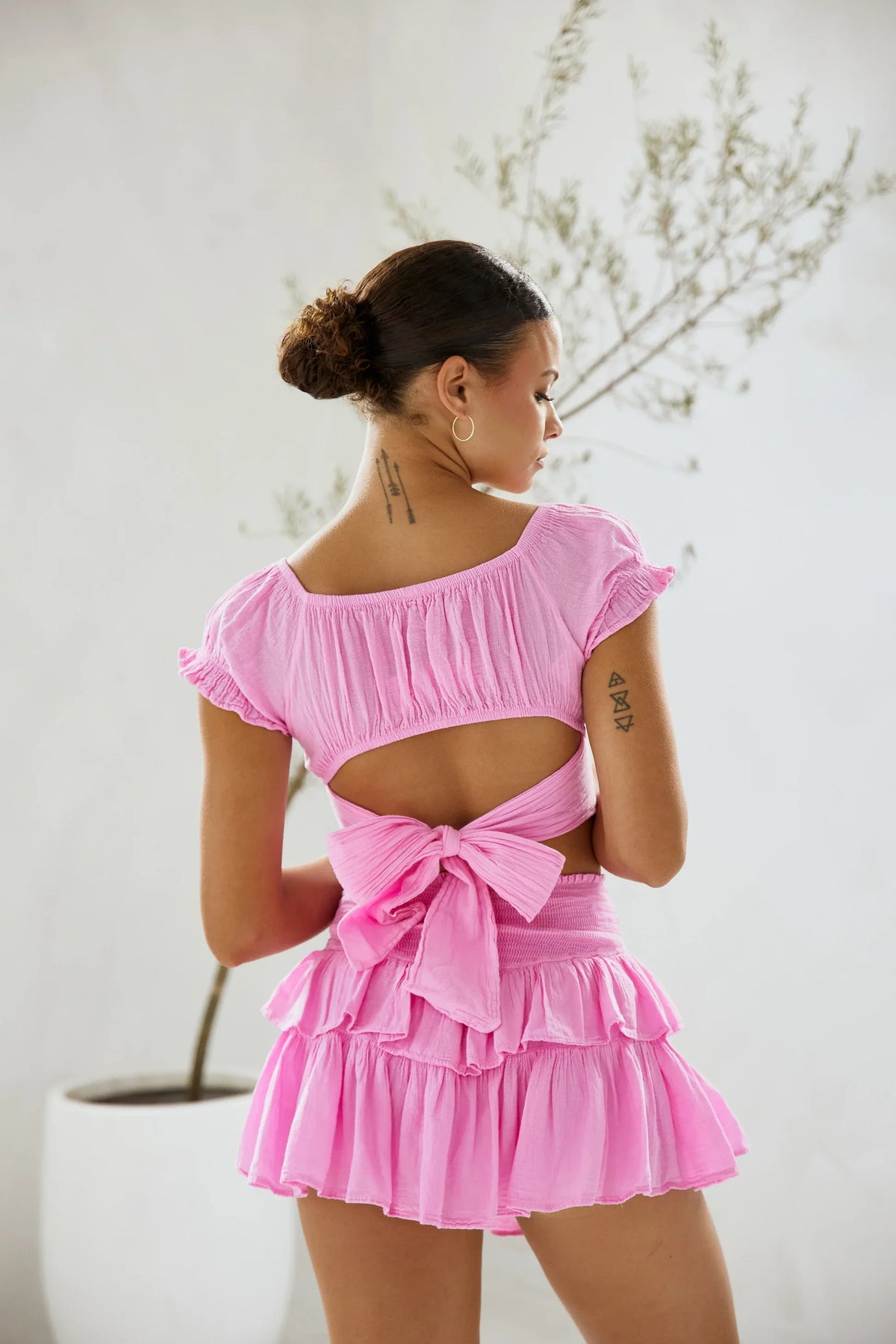 Lola Sky Hot Pink Crop Top with Soft Ruffle Sleeves