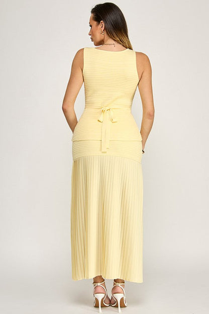 Elegant Muse Pleated Maxi Skirt Set - Yellow