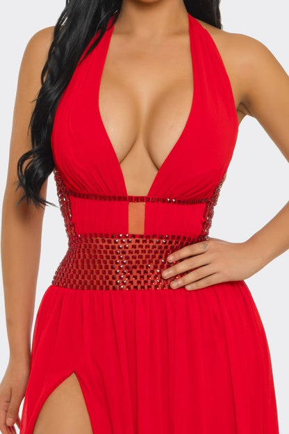 Goddess Allure Rhinestone Halter Gown- Red