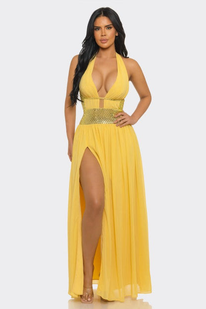 Goddess Allure Rhinestone Halter Gown- Yellow
