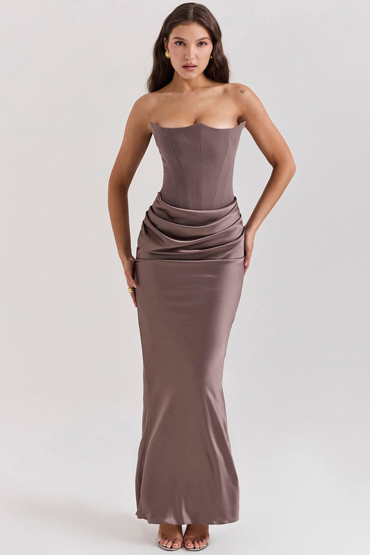 smoke strapless corset maxi dress