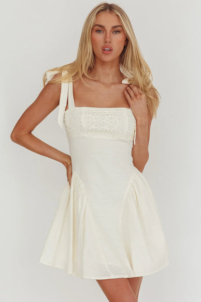 Morgana Tied Shoulder Applique Mini Dress White