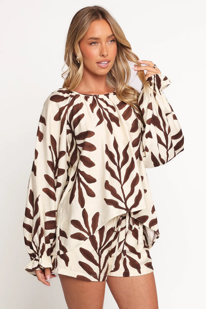 July Long Sleeve Smock Top - Brown Palm