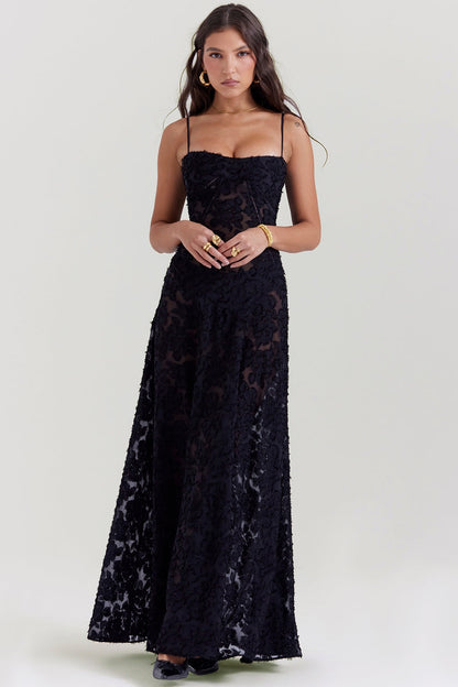 black floral lace back maxi dress