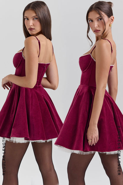 burgundy velvet tulle mini dress