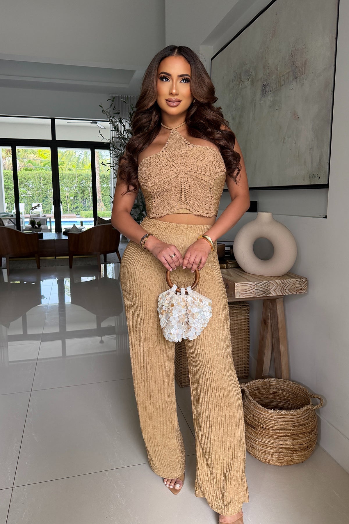 Crochet Luxe Halter Pant Set - Mocha