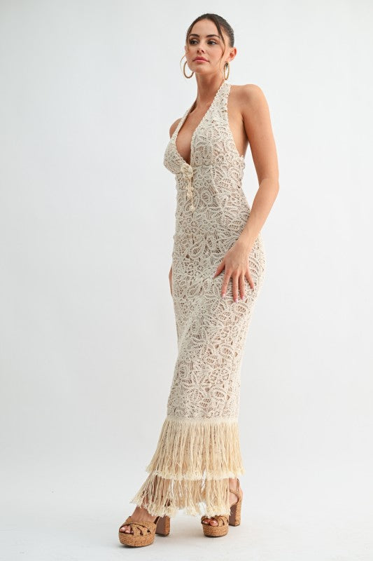 Isla Fringe Crochet Maxi Dress - Natural