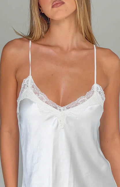 Artie Cream Satin Lace Trim Mini Dress