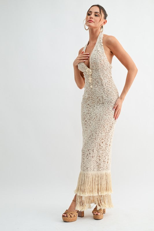 Isla Fringe Crochet Maxi Dress - Natural