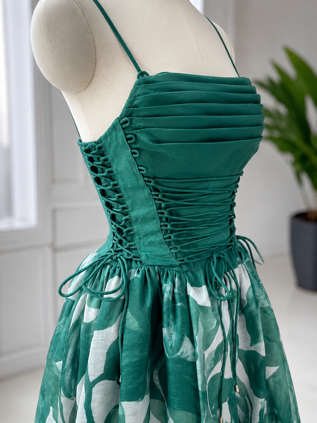 Emerald Garden Lace-Up Midi Dress