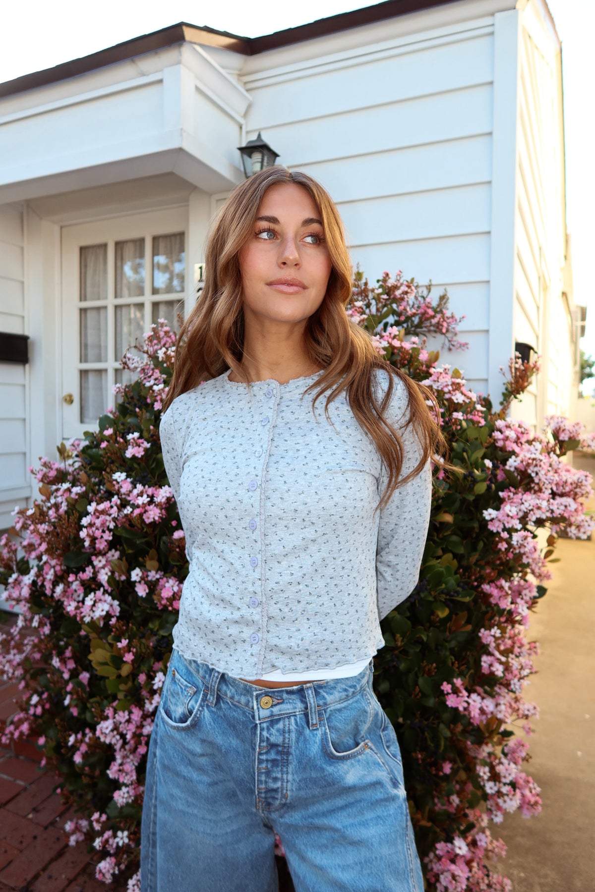 Allie Pointelle Knit Top in Grey