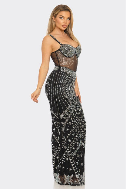 Crystal Cascade Rhinestone Gown- Black