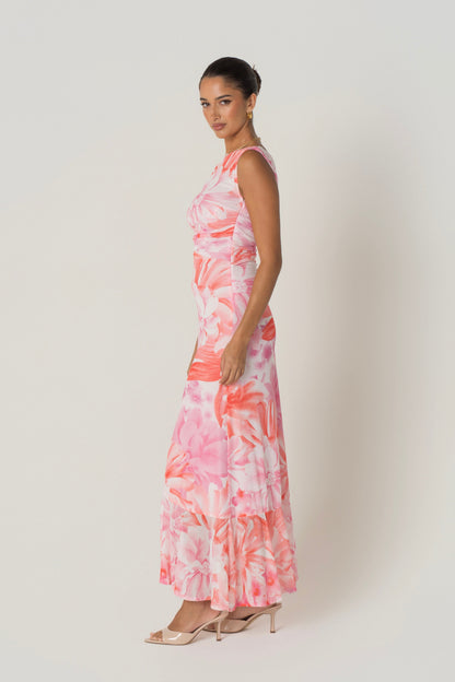 Calina Pink Drop Shoulder Floral Maxi Dress